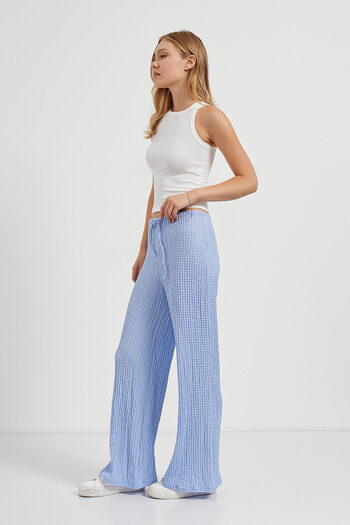 Arma Life Women's Flexible Waist Elastic Wide Leg Blue Trousers