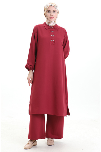 sefamerve Shirt collar tunic pants double set 0123-03 burgundy