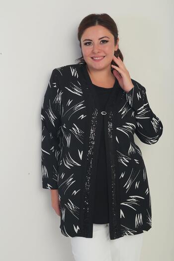 By Saygı Women's Sleeveless Lycra Blouse Front Stripe Pu Detailed Patterned Crepe Jacket Plus Size 2-Piece Set