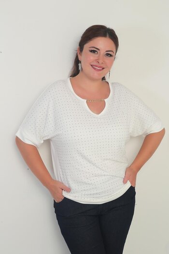 By Saygı Women's Collar Chain Short Bat Sleeve Stone Lycra Plus Size Blouse