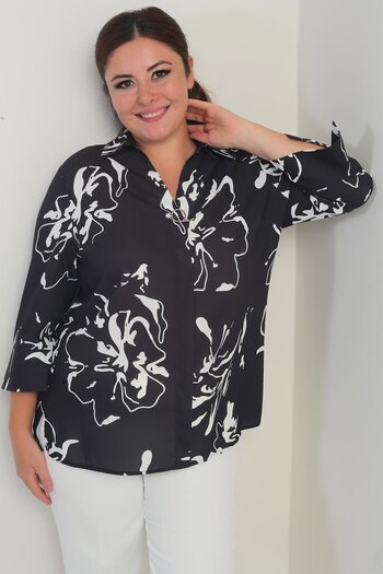 By Saygı Women's Polo Neck Quarter Sleeve Abstract Pattern Plus Size Blouse