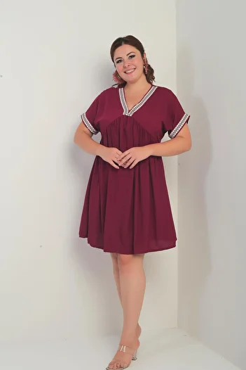 By Saygı Women's Lapel-Sleeve Zigzag Stripe Detail Plus Size Dress
