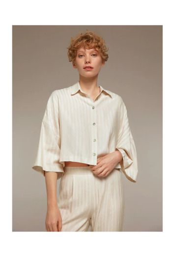 BONJOUR MADAME Bjm-1333 Shirt Pants Pajama Set Linen 2 Piece Set Ecru