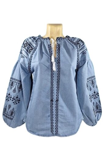 OEM Women's Traditional Blouse, Cotton, Long Sleeve, Blue-Black, Size M