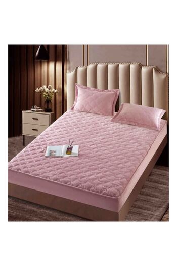 JOJO HOME Bed Sheet with 2 Pillowcases, Jojo Home, Velvet, Rhombus Pattern, Quilted Topper, 140x200cm, Pink