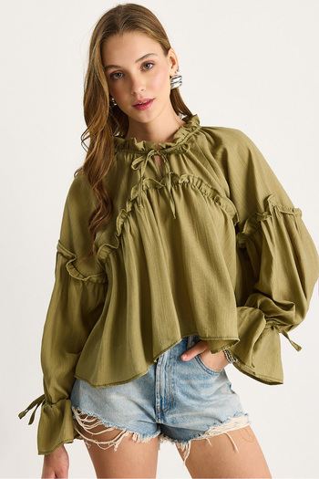 Bianco Lucci Women's Lacing Detailed Balloon Sleeve Casual Seersucker Blouse 252 60282002