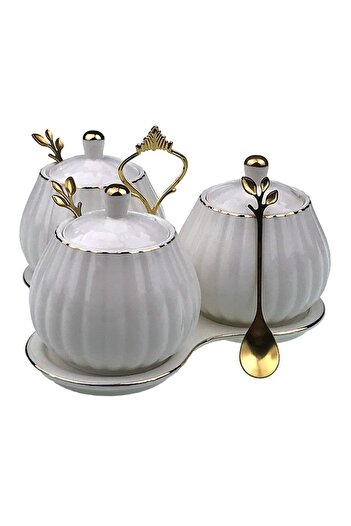 OEM Ceramic condiment set, 3 bowls with spoon, 21x14cm, white-gold