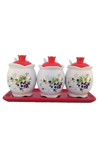 OEM Set din ceramică format din trei recipiente cu lingurițe, 27x13cm, roșu