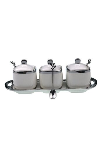 OEM Ceramic Cruet Set with 3 Bowls and Spoon, 33x12cm, White-Silver