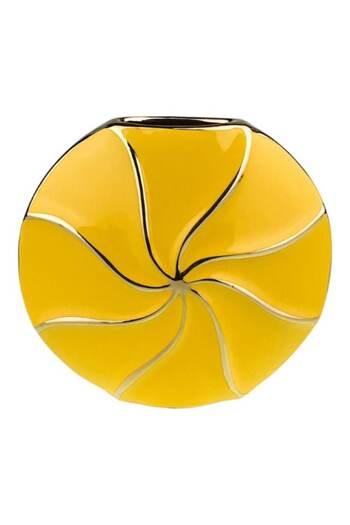 OEM Ceramic Vase with Golden Stripes, Round Shape, Yellow