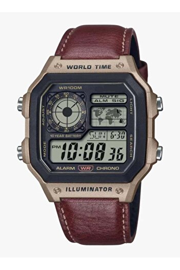 Generic World Time Digital Watch with Leather Strap, Rose Gold Bezel, 10-Year Battery, Illuminator, WR100M -