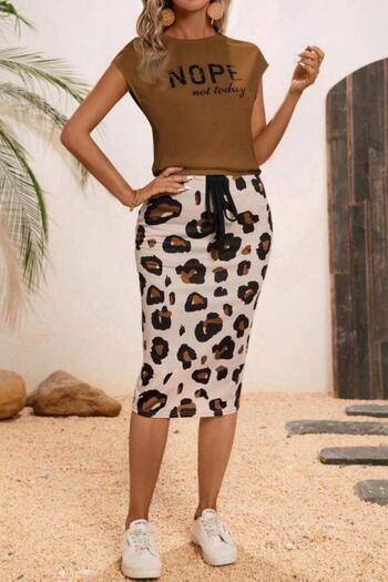 Mossta Crew Neck Blouse Leopard Print Skirt Double Set - Brown