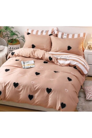 OEM Reversible bed linen set, fitted sheet, delicate hearts, 4 pieces, 140x200cm, brown-black