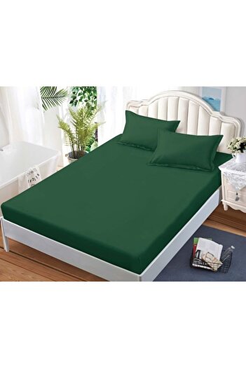 Pucioasa Sheet and pillowcases for double bed, Uni, 3 pieces, 180x200cm, fine satin, Tuborg green