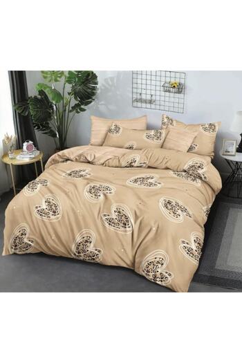 OEM Double Bed Linen Set, 6 Pieces, 2 Persons, 180x200cm, Finet, Heart Print, Beige-Black