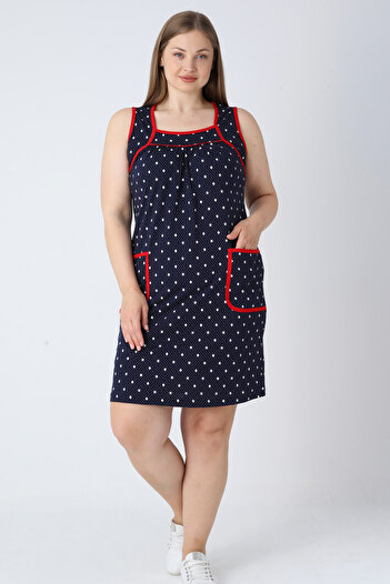 İntensive Women's Plus Size Navy Blue Polka Dot Strap Piping Pocket Cotton Dress