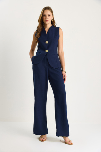Bianco Lucci Women's Gold Button Detailed Vest High Waist Trousers Viscose Linen Suit 9392 60281109