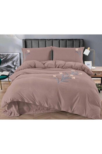 OEM Lenjerie brodată de pat dublu, Uni, Finet, 4 piese, 2 persoane, 245x250cm, Cafea cu Lapte