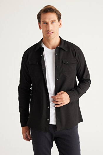 AC&Co / Altınyıldız Classics Men's Black Slim Fit Narrow Cut Classic Collar Cotton Shirt