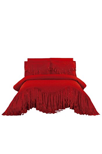 JOJO HOME Cuvertura și 2 fete de pernă, cu Volănașe Brodate, 2 persoane, 3 piese, 220x280cm, Roșu