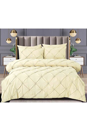 Pucioasa Double bed linen, Sulphur, Plain, Embroidered Pleats Pattern, 6 pieces, Finet, 230x250cm, Beige