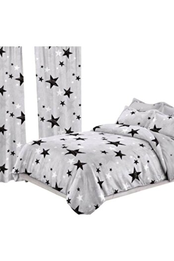 OEM Elegant Bedroom Set, Bed Linen and Curtains, 8 pieces, Fine Print, Gray-Black