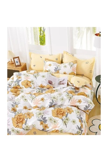 OEM Double Bed Linen Set, Reversible Sheet, 6 Pieces, Floral Design, White-Yellow