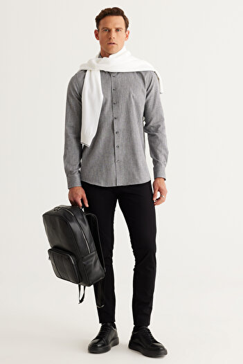 AC&Co / Altınyıldız Classics Men's Black Slim Fit Narrow Cut Hidden Button Collar Cotton Dobby Shirt
