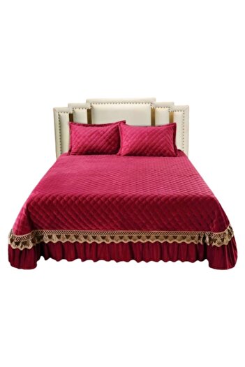 JOJO HOME Luxurious velvet quilted bedspread and 2 pillowcases, set of 3, 220x240cm, cherry red