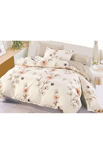 OEM Double Bed Linen, Floral Print, Reversible Sheet, 6 Pieces, 230x245cm, Finet, Beige Shades