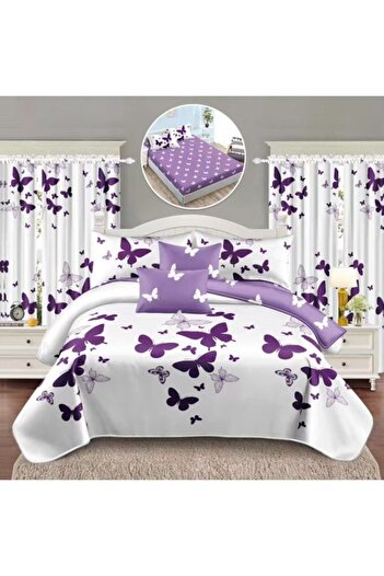OEM 8-piece bedding set, fitted sheet, 2 people, elegant fine, butterflies, white-purple