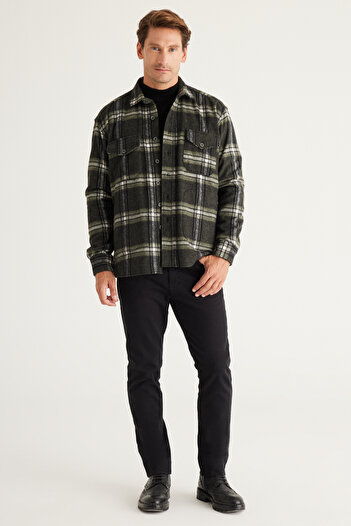 AC&Co / Altınyıldız Classics Men's Khaki-Black Oversize Loose Cut Button Collar Checked Lumberjack Winter Shirt Jacket