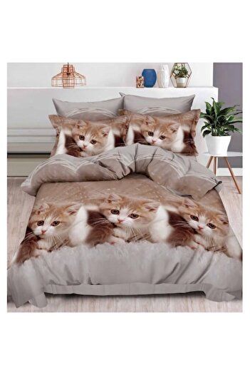 OEM Double bed linen set, 6 pieces, Finet, 3D with cat, 2 persons, 240x250cm, beige shades