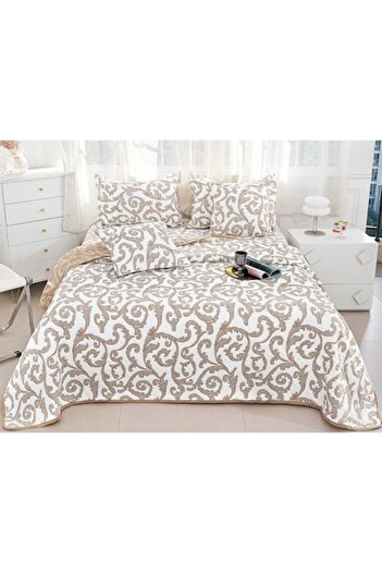 OEM Bedspread Cotton and Linen, 5 pieces, 2-person, Abstract print, 230x250cm, Beige-White