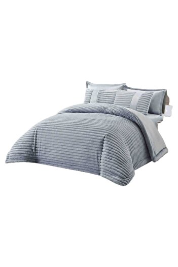 JOJO HOME Double bed linen set, velvet-faux rabbit fur, plain, 6 pieces, light grey