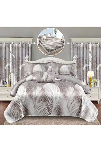 OEM Bed linen and curtains, 8 pieces, fitted sheet, 2 persons, Elegant Finet, feathers, gray-white
