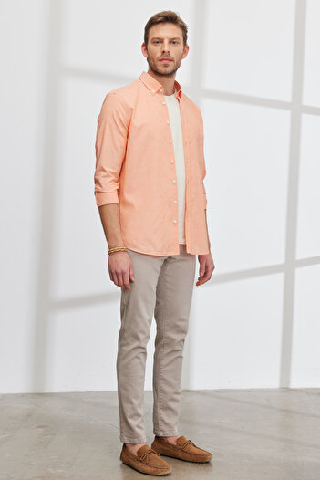 AC&Co / Altınyıldız Classics Men's Orange Linen Slim Fit Slim Fit Buttoned Lapel Flame Shirt