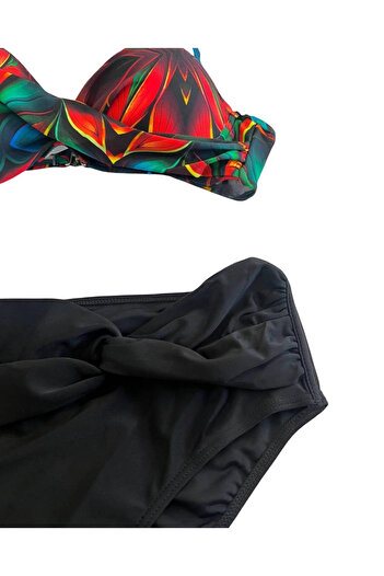 hazelin Women's Black Red Floral Patterned Lined Plus Size Bikini Set Hzl25S-Lc24108