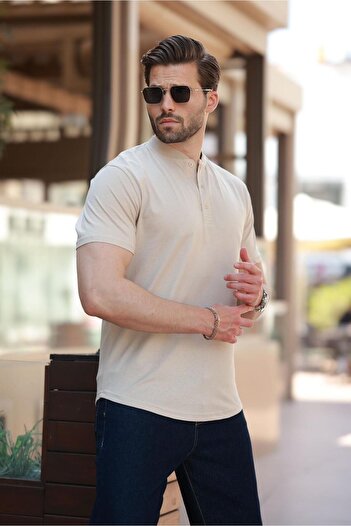 Madmext Beige Judge Collar Button Detailed Short Sleeve T-Shirt 7021