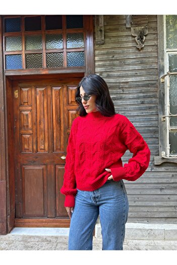 Puella Jacquard Pattern Knit Half Fisherman Balloon Sleeve Crop Sweater
