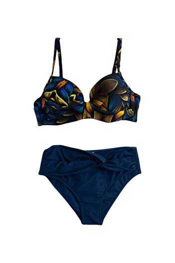 hazelin Women's Navy Blue Yellow Floral Patterned Lined Plus Size Bikini Set Hzl25S-Lc24108