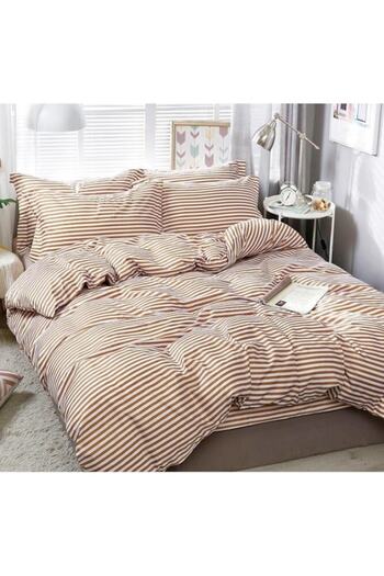 OEM Double Bed Linen, 4 Pieces, 2 Persons, 240x250cm, Cotton Satin, Striped Print, White-Brown