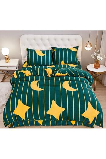 OEM Double bed linen, Cocolino, stars and moon, 4 pieces, 2 persons, 220x230cm, green-yellow