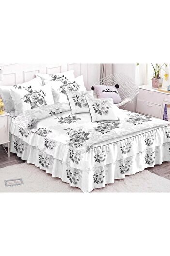 Pucioasa Double Bedding Set with Ruffles, Pucioasa, Finet, 6 Pieces, Grey Rose Print, 200x230cm