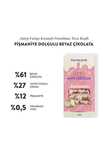 Patiswiss Patislove Antep Fıstığı Kremalı Ve Pişmaniye Dolgulu Frambuaz Tozlu Beyaz Çikolata, 180g