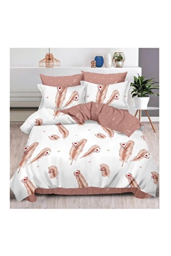 OEM Lenjerie de pat finet, 6 piese, 4 fete perna, Elegant Home, 2 Persoane, 240 x 250cm, M5, alb roz