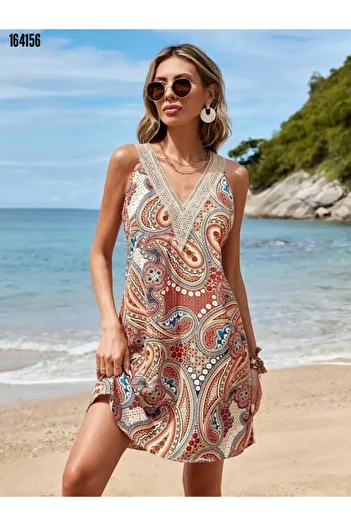 moda wanilia Special Design Women's Lace V-Neck Ethnic Patterned Single Jersey Dress
