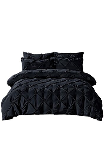 JOJO HOME Double Bed Linen Set, Jojo Home, Uni, Embroidered Pleats, 6 Pieces, Finet, 230x250cm, Black