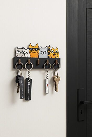 karbonsoft Cute Cat Themed Wooden Keychain Hanger - Wall Key Holder with 5 Hooks