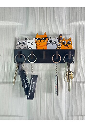 karbonsoft Cute Cat Themed Wooden Keychain Hanger - Wall Key Holder with 5 Hooks
